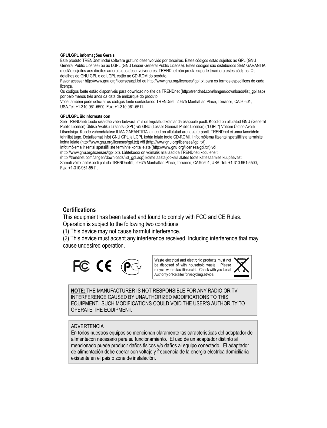 TRENDnet TEW-639GR, Wireless Router manual Certifications, GPL/LGPL informações Gerais 