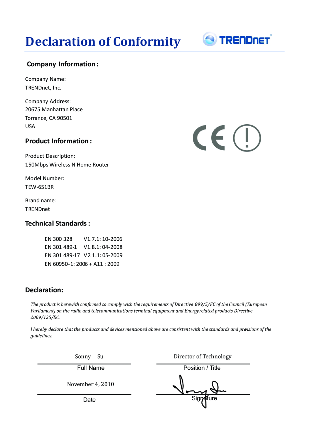 TRENDnet TEW-651BR manual Declaration of Conformity, Company Information, Product Information, Technical Standards, EN 300 
