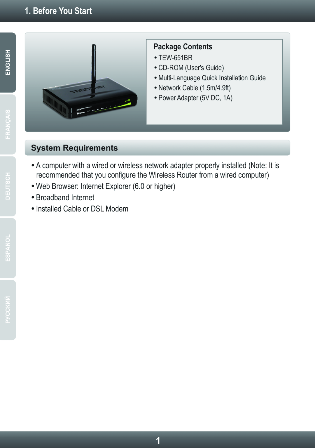 TRENDnet TEW-651BR, Wireless Router Before You Start, Package Contents, System Requirements, ŸInstalled Cable or DSL Modem 