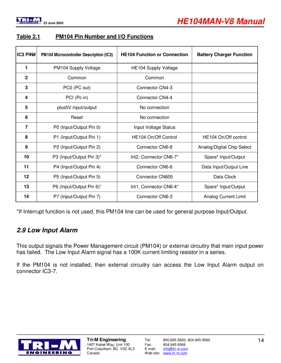 Tri-M Systems HE104 technical manual Low Input Alarm, PM104 Pin Number and I/O Functions 