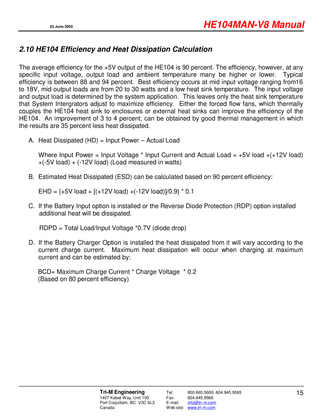 Tri-M Systems technical manual 10 HE104 Efficiency and Heat Dissipation Calculation 