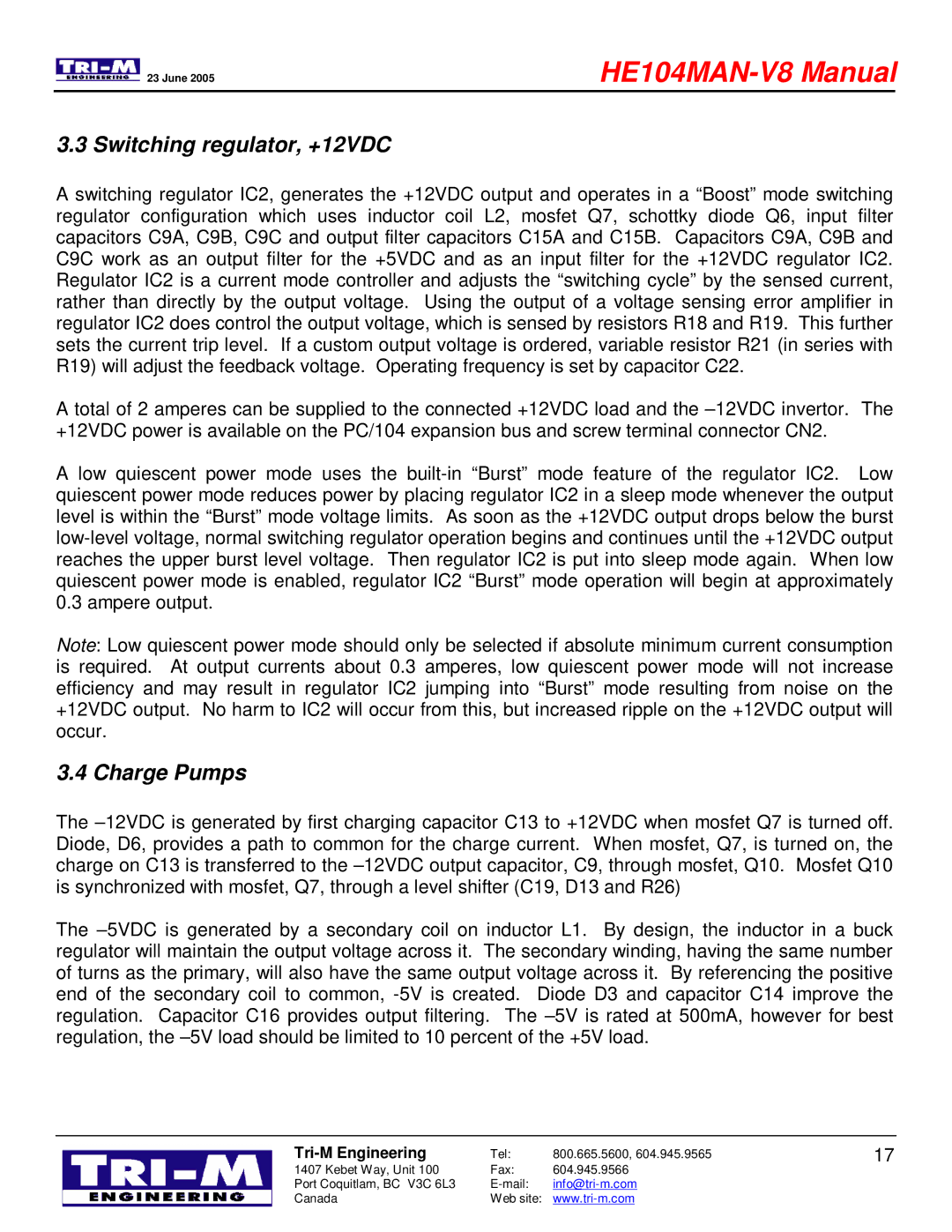 Tri-M Systems HE104 technical manual Switching regulator, +12VDC, Charge Pumps 