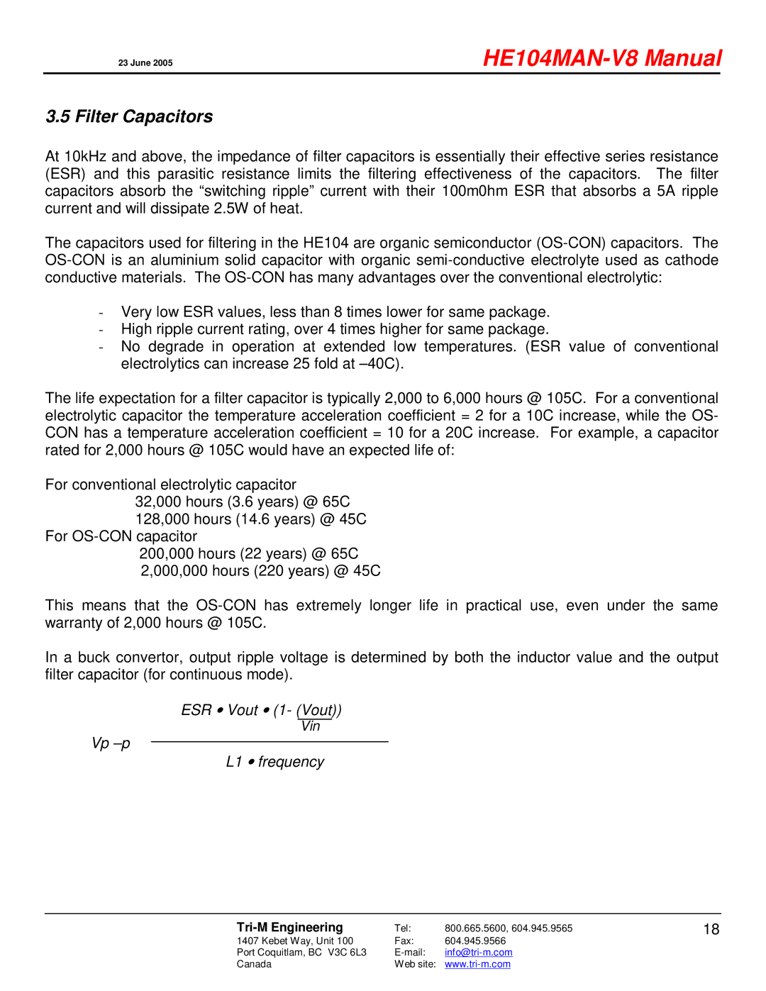 Tri-M Systems HE104 technical manual Filter Capacitors, Vp -p L1 ∙ frequency 