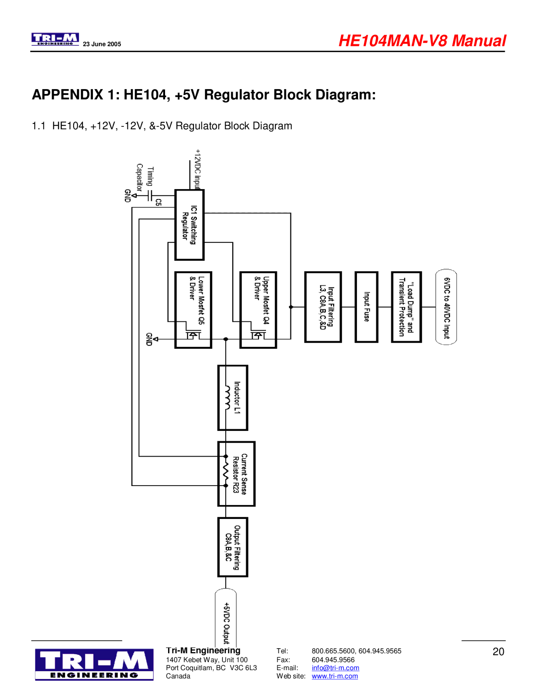 Tri-M Systems technical manual Appendix 1 HE104, +5V Regulator Block Diagram 