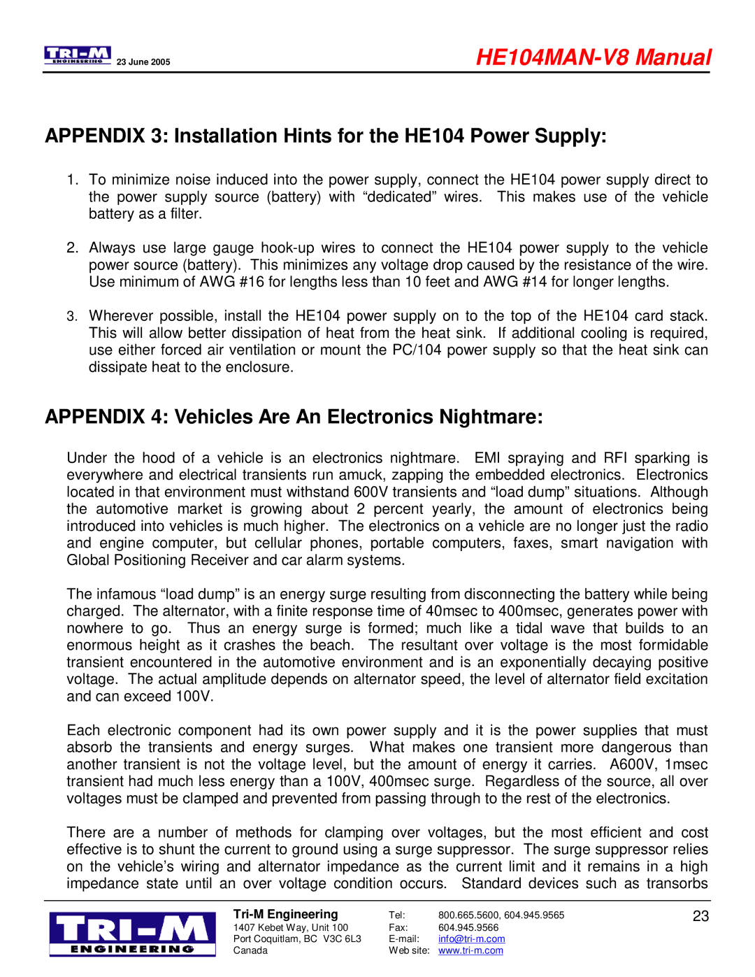 Tri-M Systems technical manual Appendix 3 Installation Hints for the HE104 Power Supply 