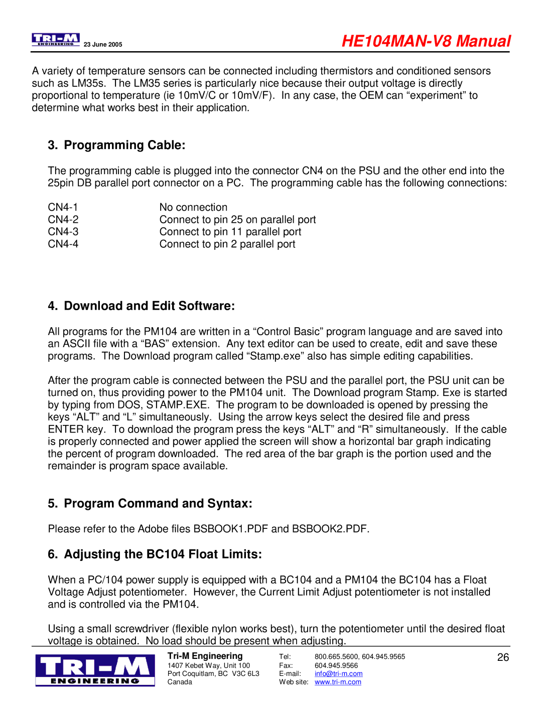 Tri-M Systems HE104 technical manual Programming Cable 