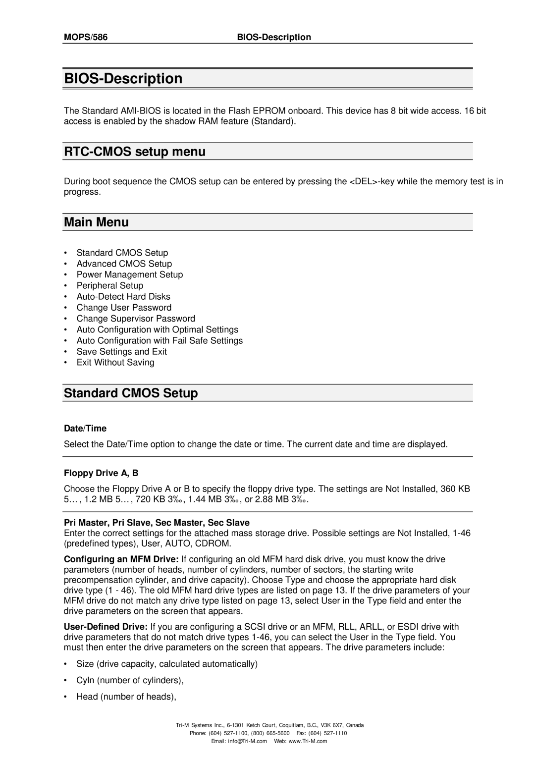 Tri-M Systems MOPS/586 technical manual BIOS-Description, RTC-CMOS setup menu, Main Menu, Standard Cmos Setup 