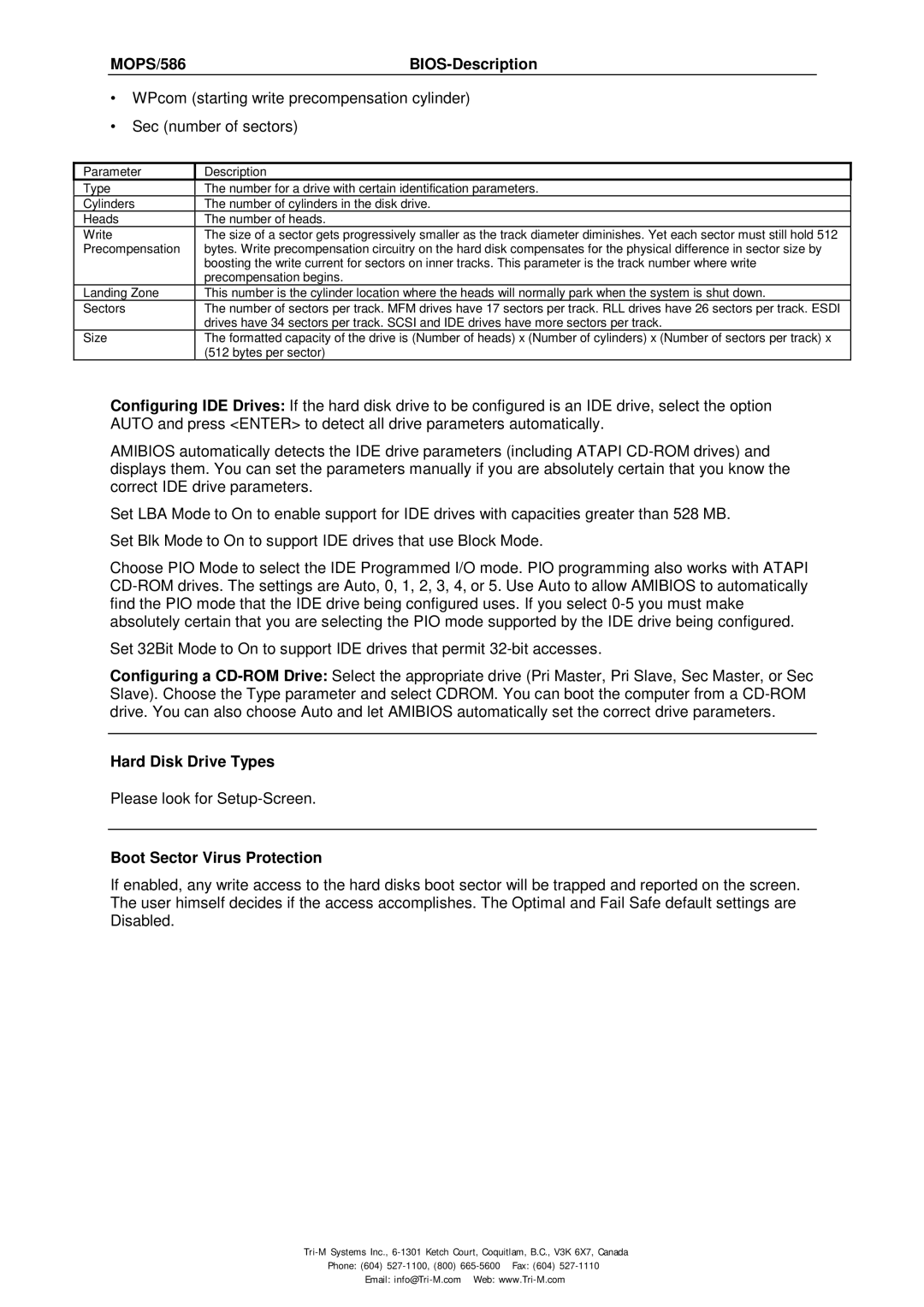 Tri-M Systems MOPS/586 technical manual Hard Disk Drive Types, Boot Sector Virus Protection 