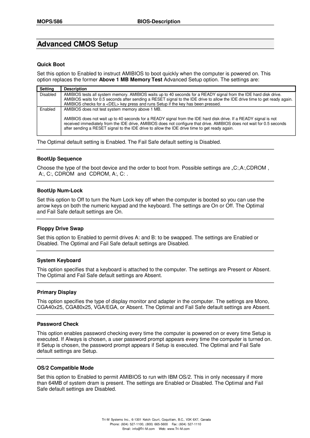 Tri-M Systems MOPS/586 technical manual Advanced Cmos Setup 