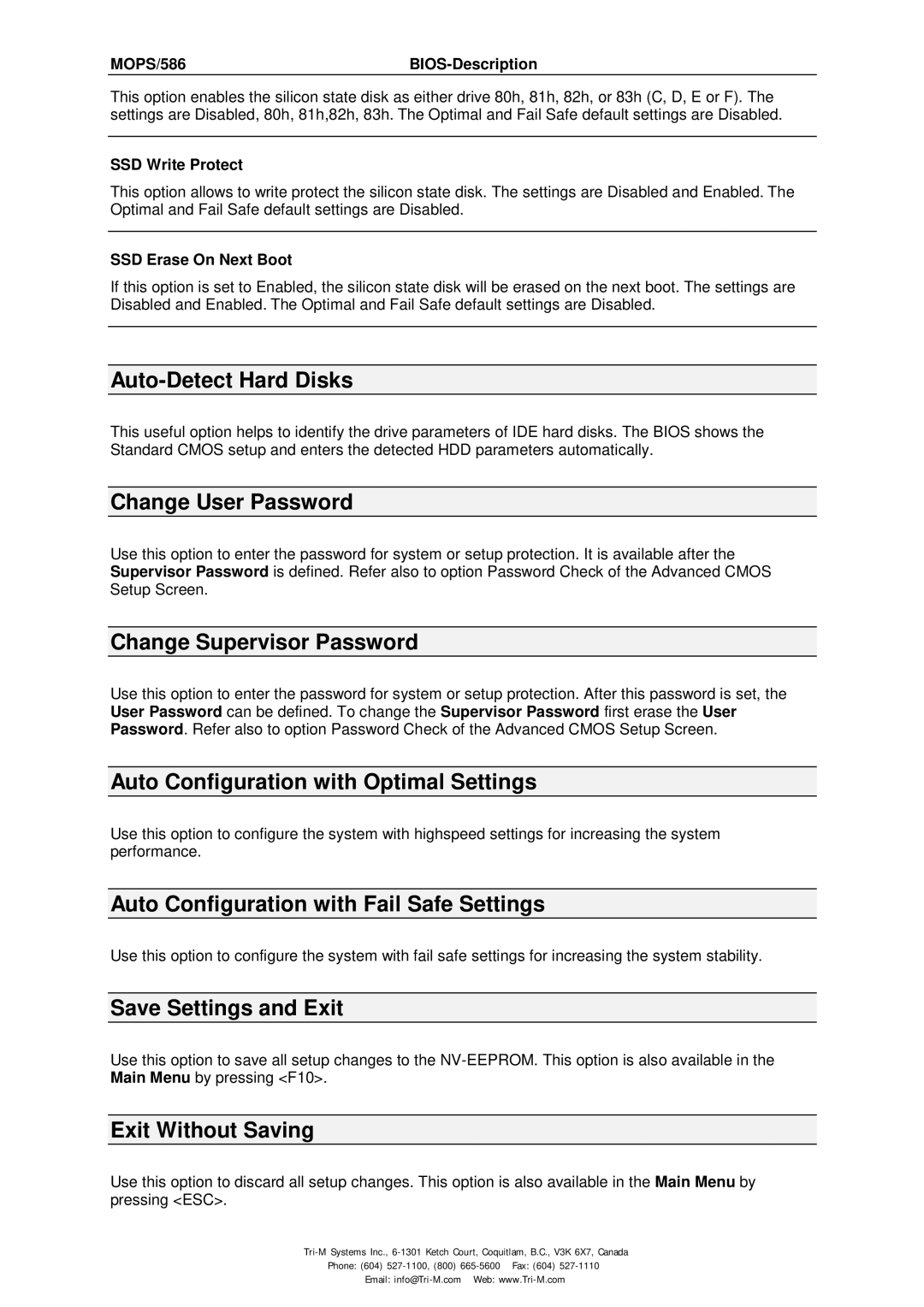 Tri-M Systems MOPS/586 Auto-Detect Hard Disks, Change User Password, Change Supervisor Password, Save Settings and Exit 