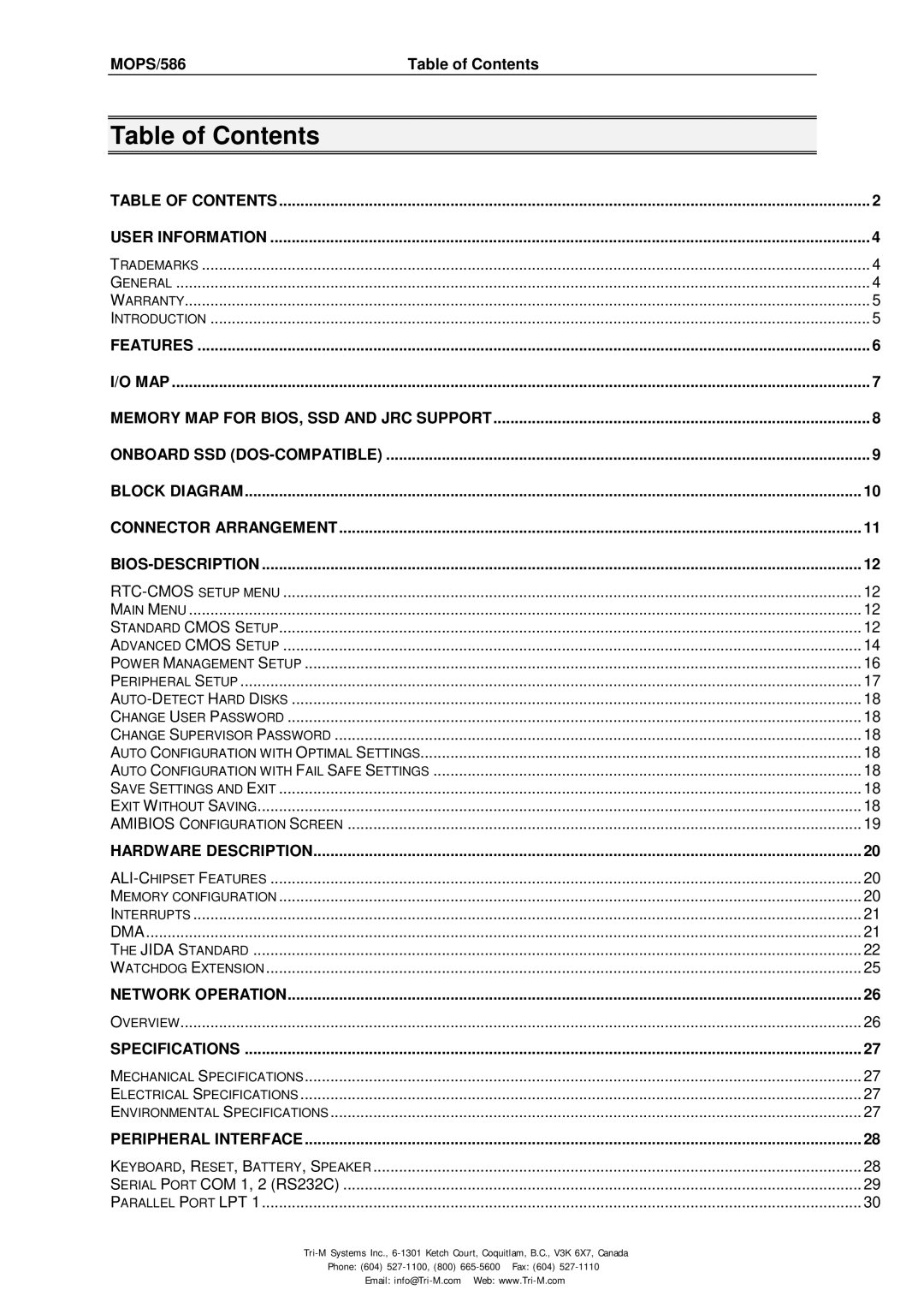 Tri-M Systems MOPS/586 technical manual Table of Contents 