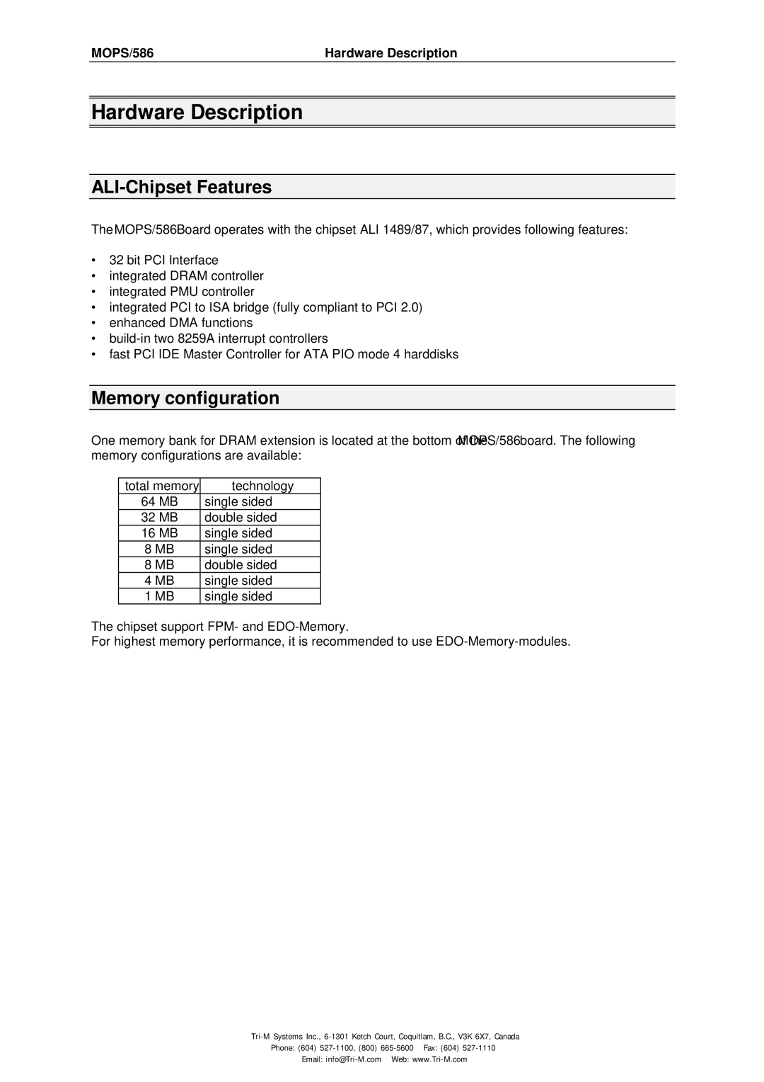 Tri-M Systems technical manual ALI-Chipset Features, Memory configuration, MOPS/586 Hardware Description 