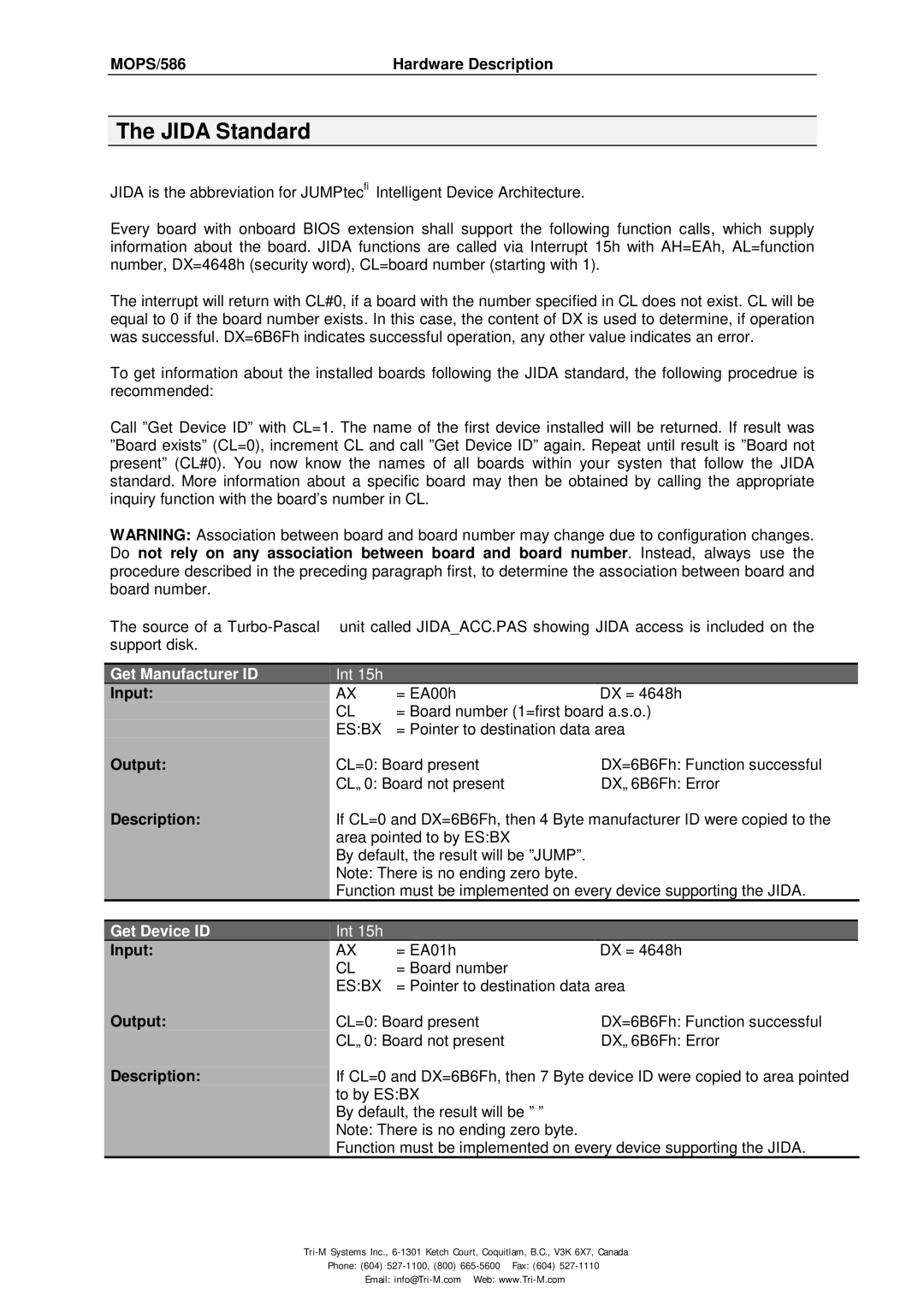 Tri-M Systems MOPS/586 technical manual Jida Standard, Input, Output, Description 