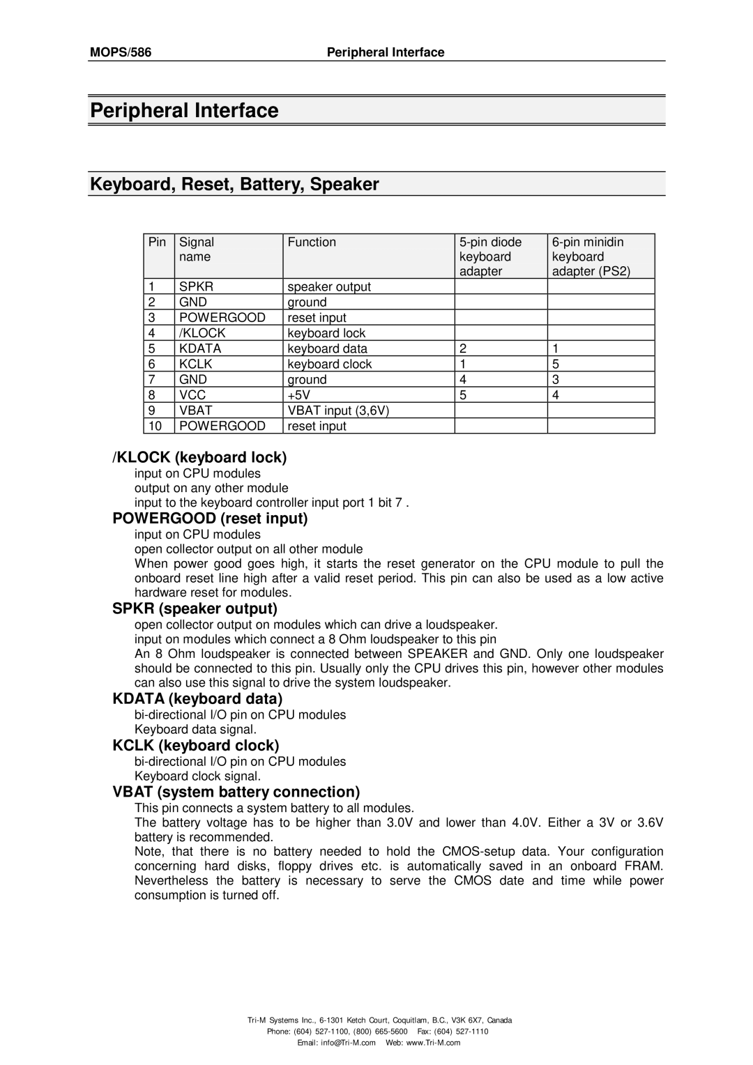 Tri-M Systems MOPS/586 technical manual Peripheral Interface, Keyboard, Reset, Battery, Speaker 