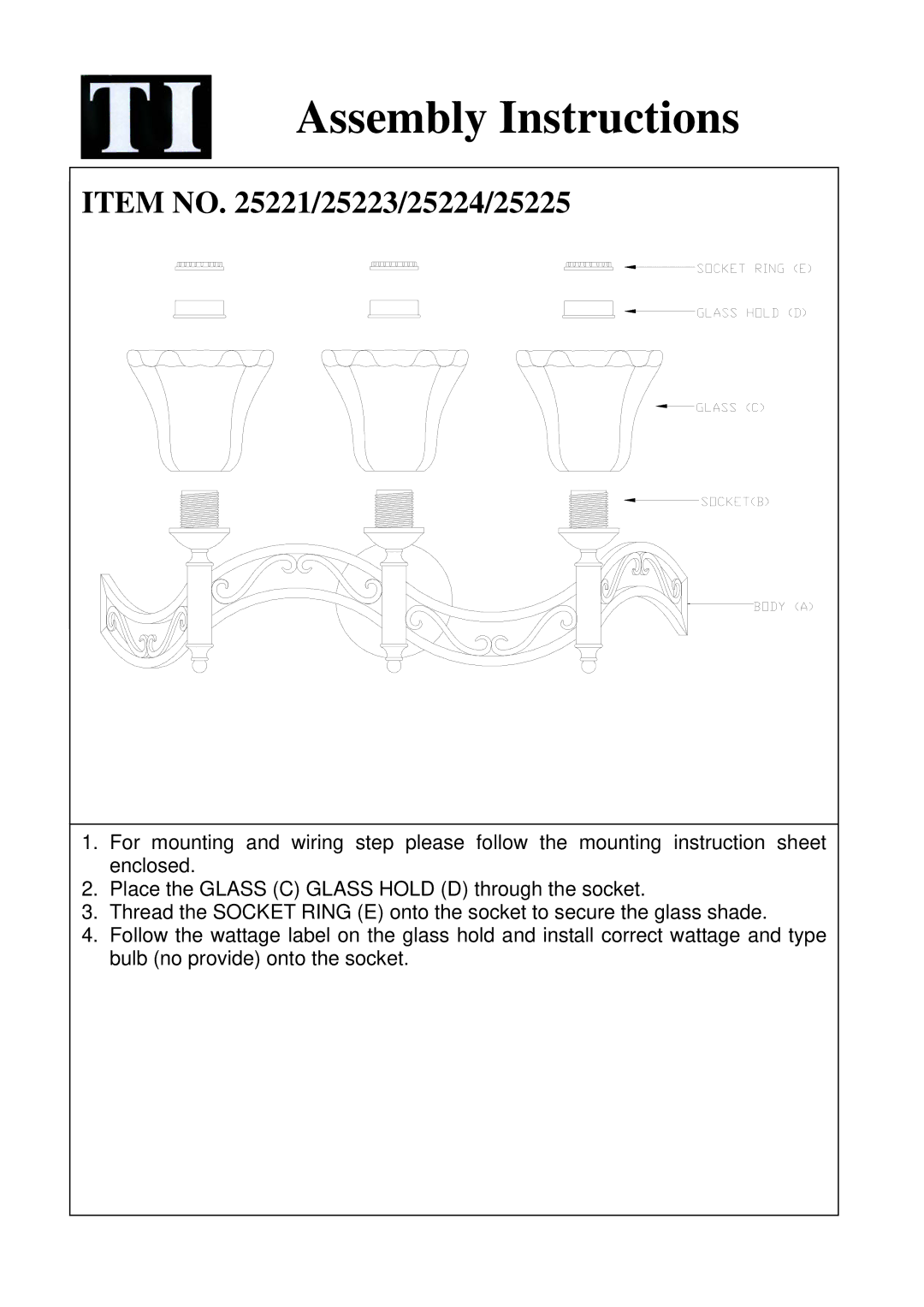 Triarch 25221 instruction sheet Assembly Instructions, Item no /25223/25224/25225 