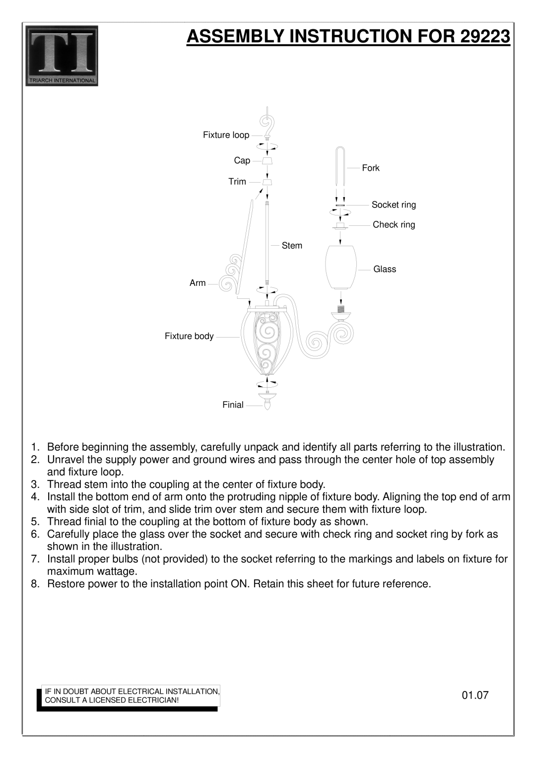 Triarch 29223 manual Assembly Instruction for 