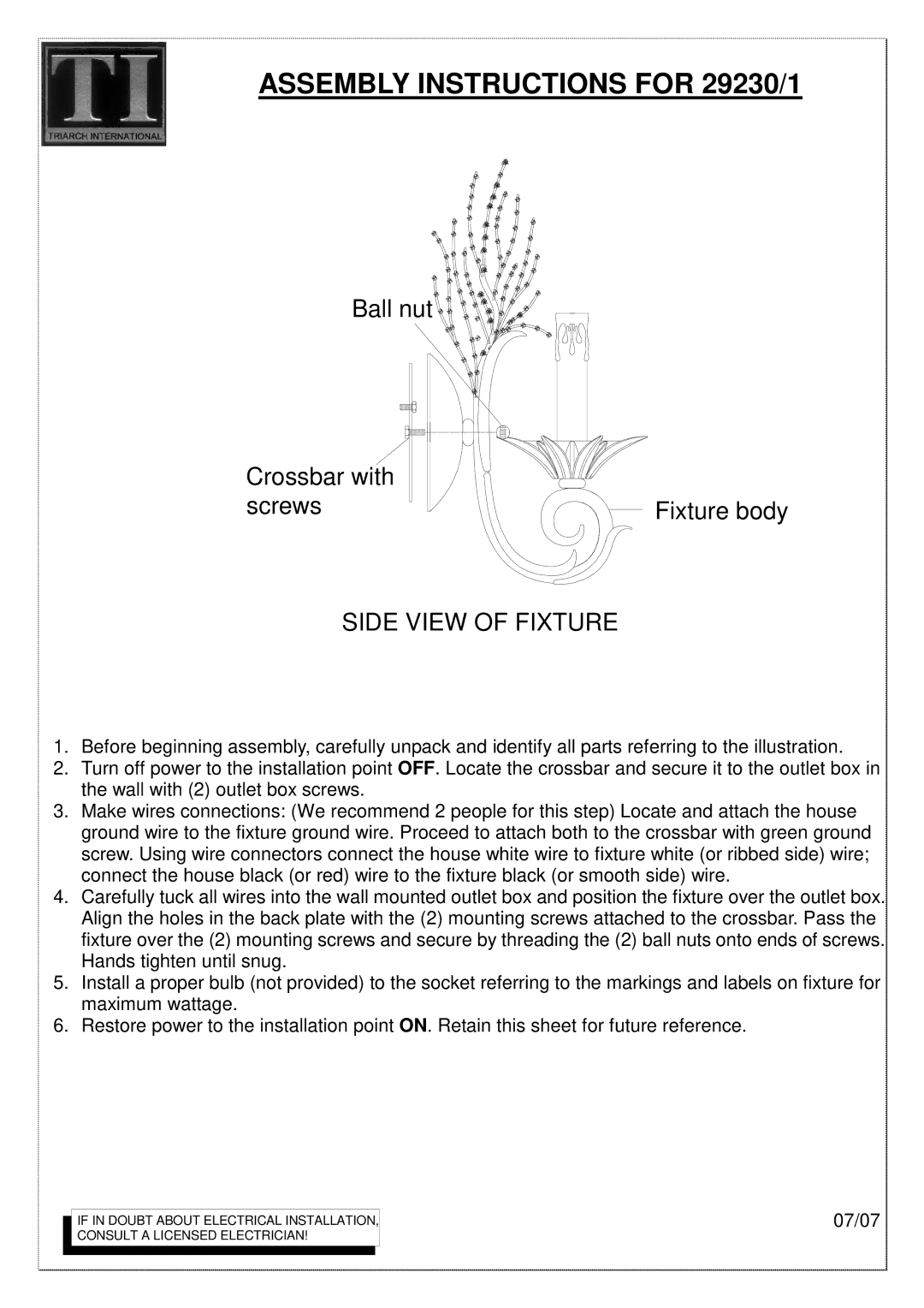 Triarch manual Assembly Instructions for 29230/1, Side View of Fixture 