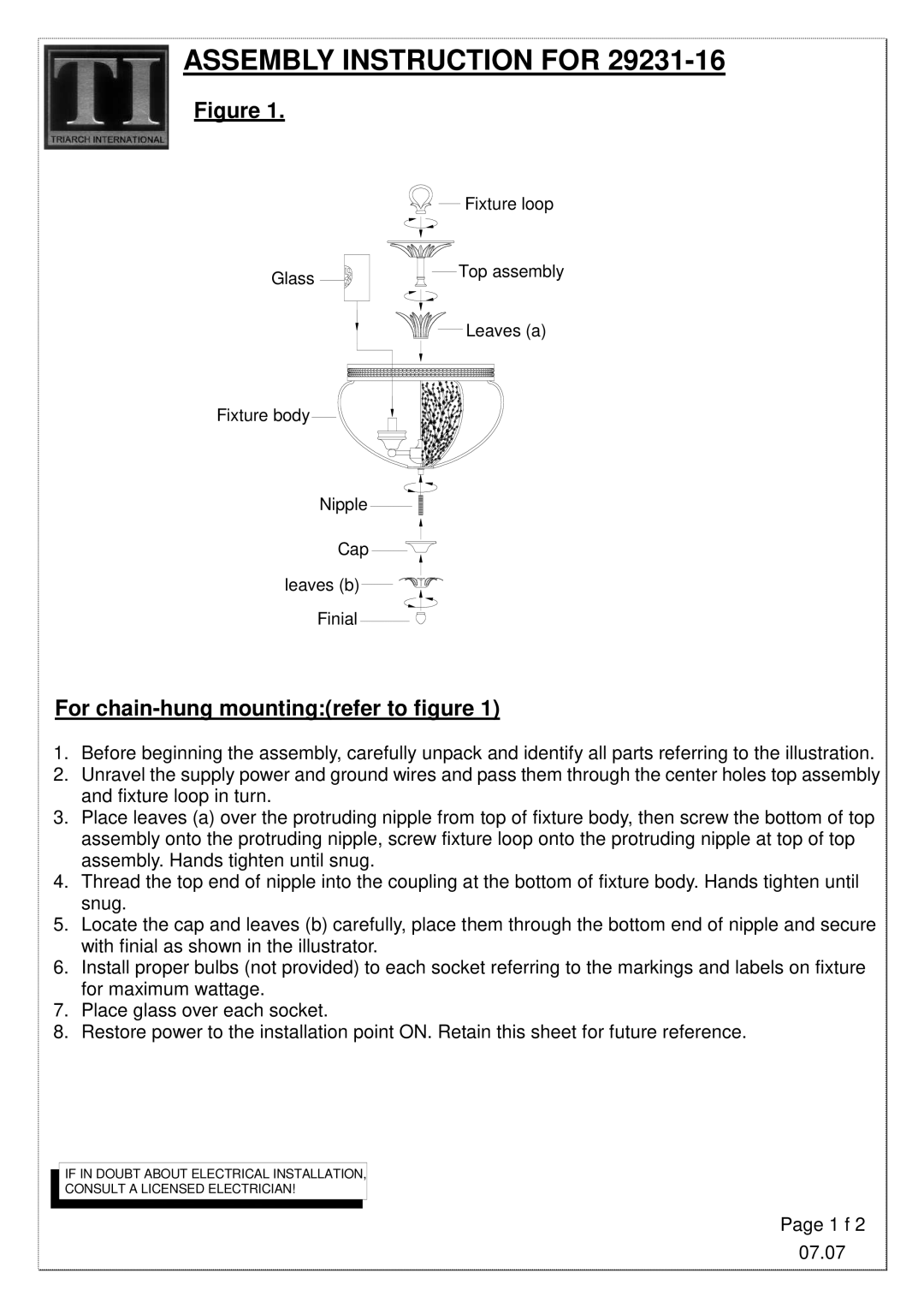 Triarch 29231/16 manual Assembly Instruction for, For chain-hung mountingrefer to figure 