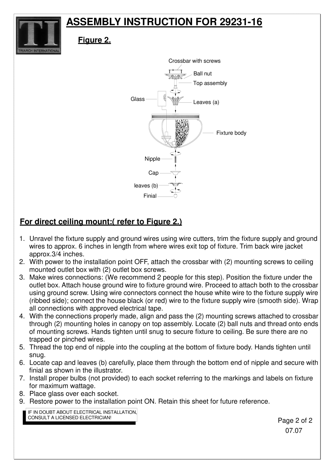 Triarch 29231/16 manual For direct ceiling mount refer to Figure 