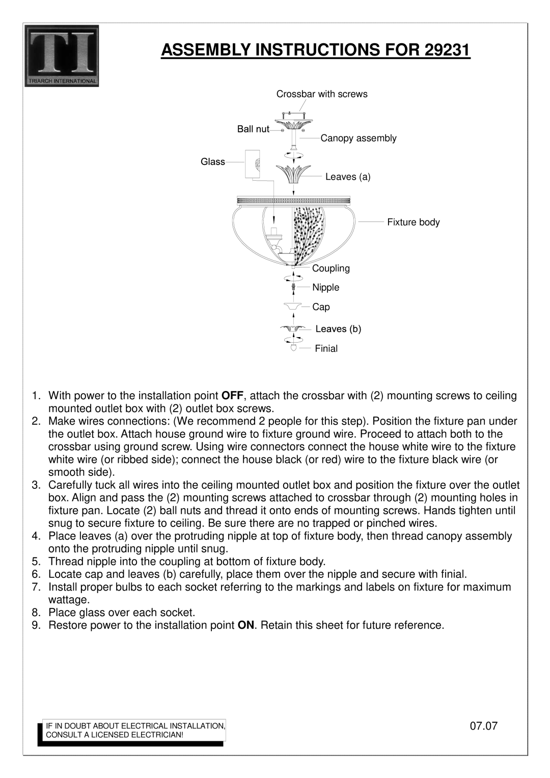 Triarch 29231/22 manual Assembly Instructions for 