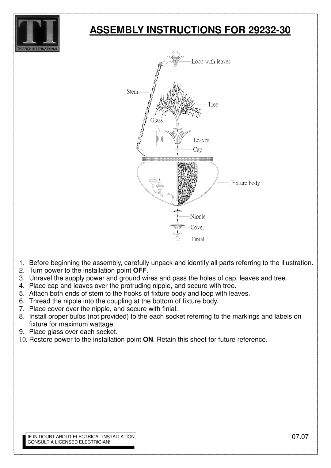 Triarch 29232-30 manual Gl a ss, Tree Leaves, Cap 