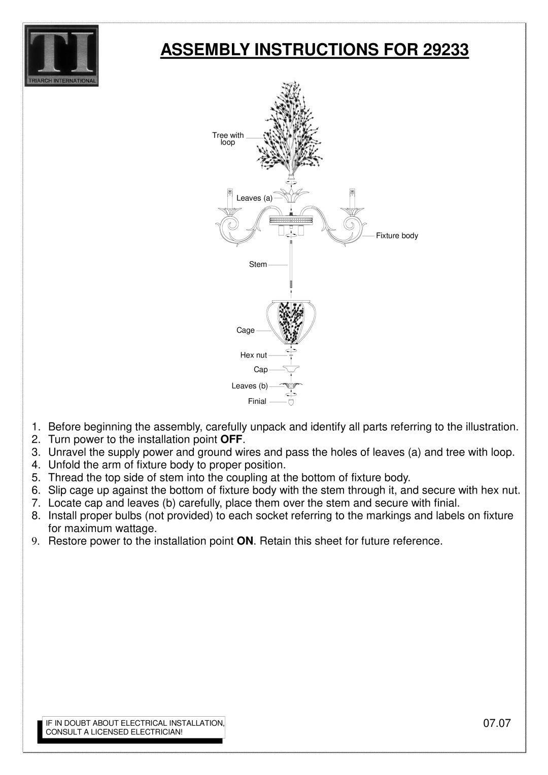 Triarch 29233 manual Assembly Instructions for 