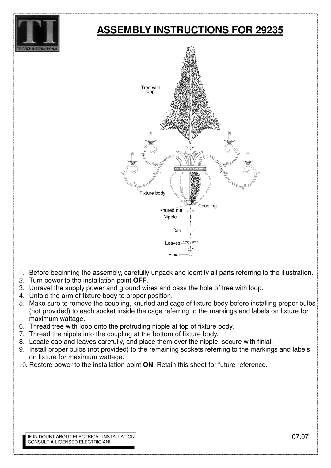 Triarch 29235 manual Assembly Instructions for 