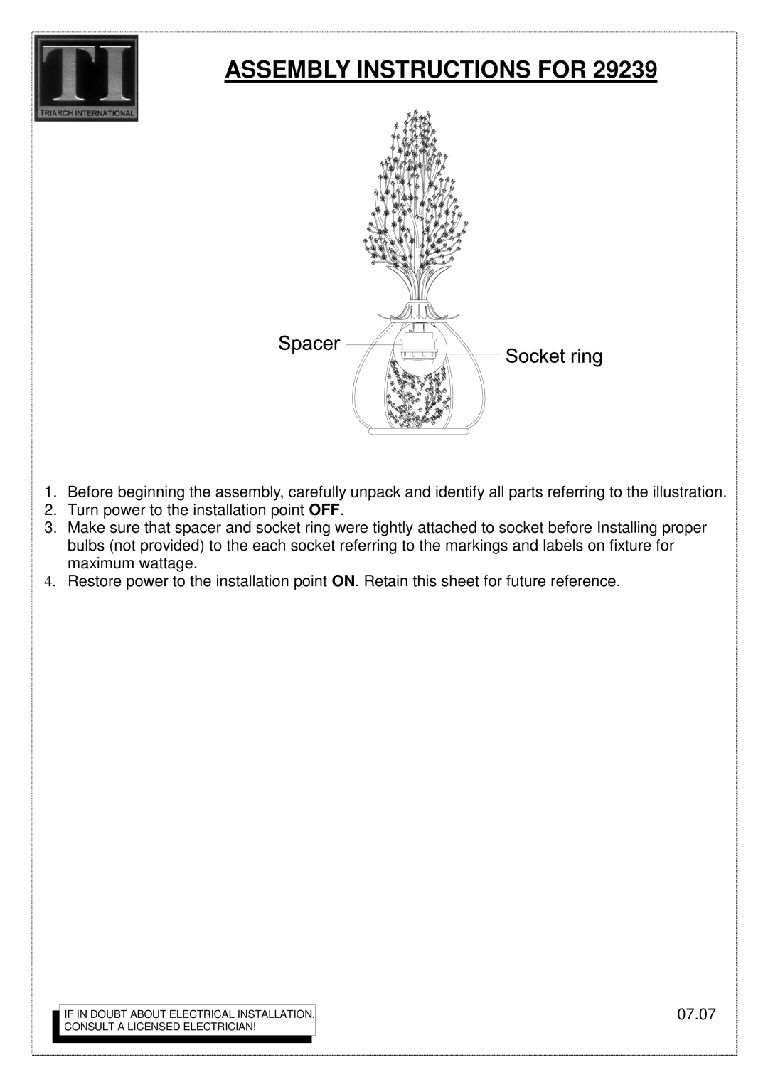 Triarch 29239 manual Assembly Instructions for 