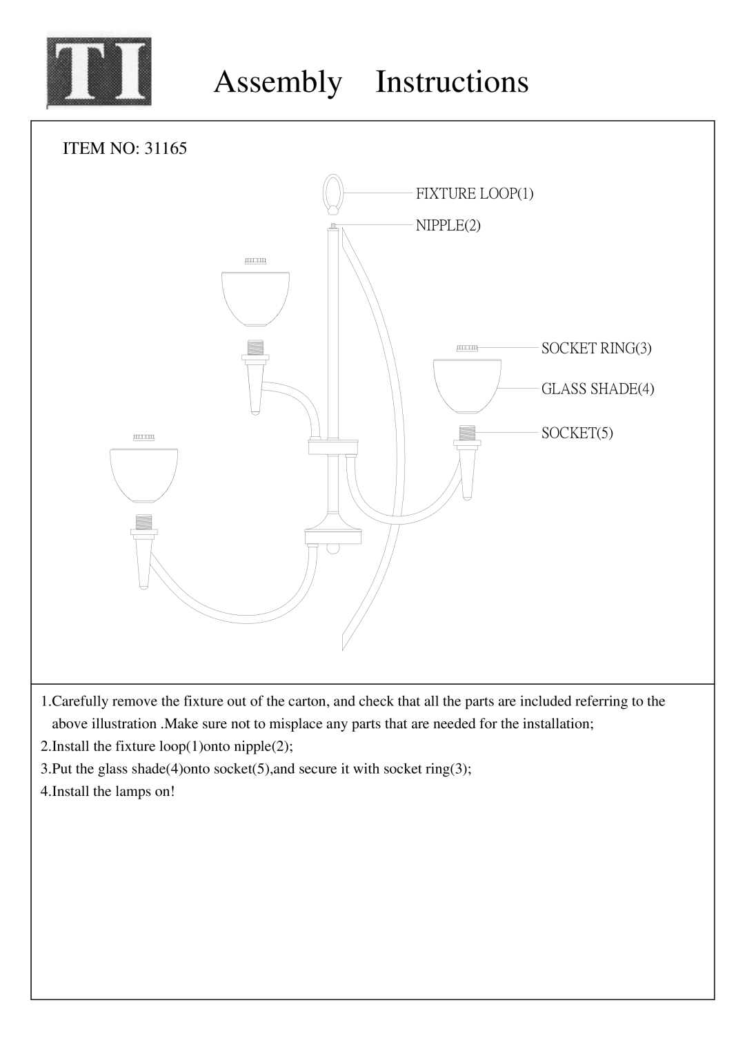 Triarch 31165 manual Assembly Instructions, Item no 