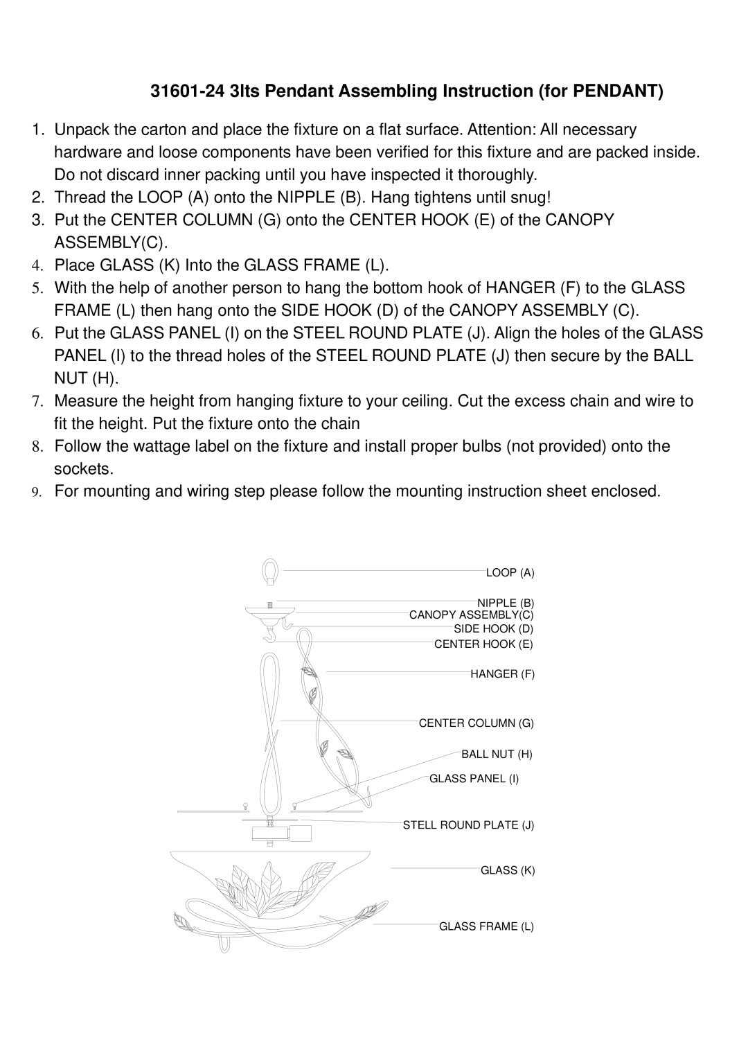 Triarch 31601-24 lts instruction sheet 31601-24 3lts Pendant Assembling Instruction for Pendant 