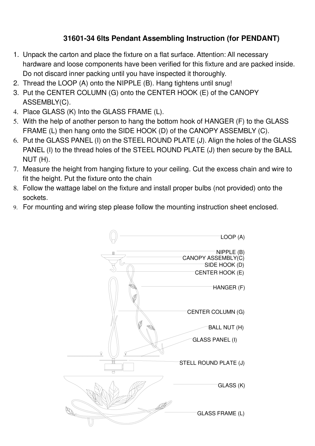 Triarch instruction sheet 31601-34 6lts Pendant Assembling Instruction for Pendant 