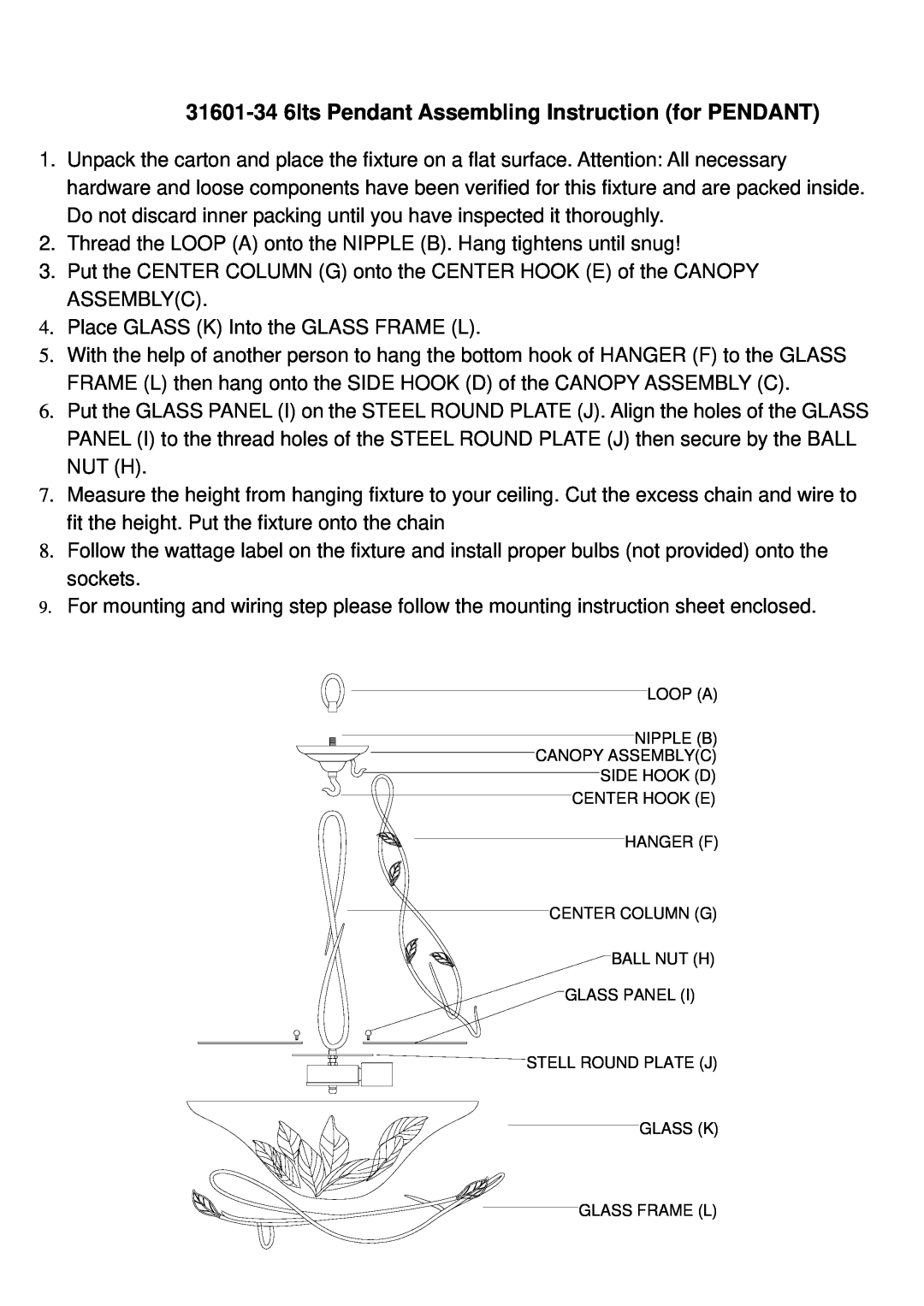 Triarch 31601-34 6lts instruction sheet Place GLASS K Into the GLASS FRAME L 