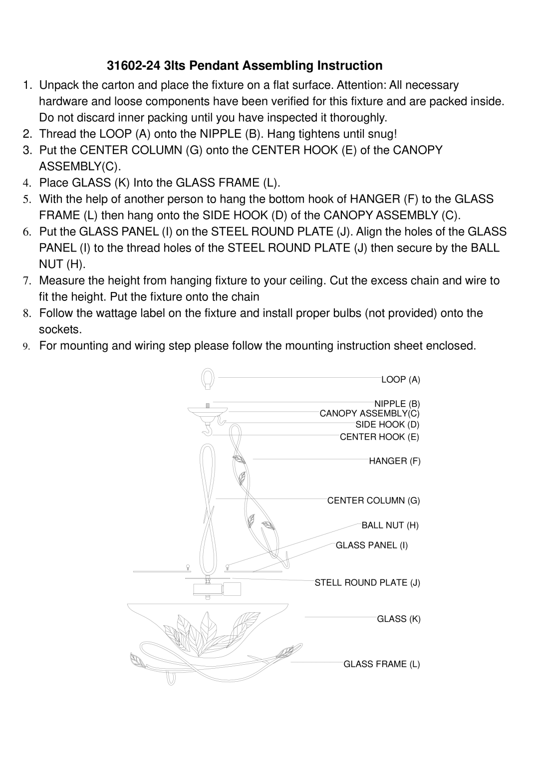 Triarch instruction sheet 31602-24 3lts Pendant Assembling Instruction 