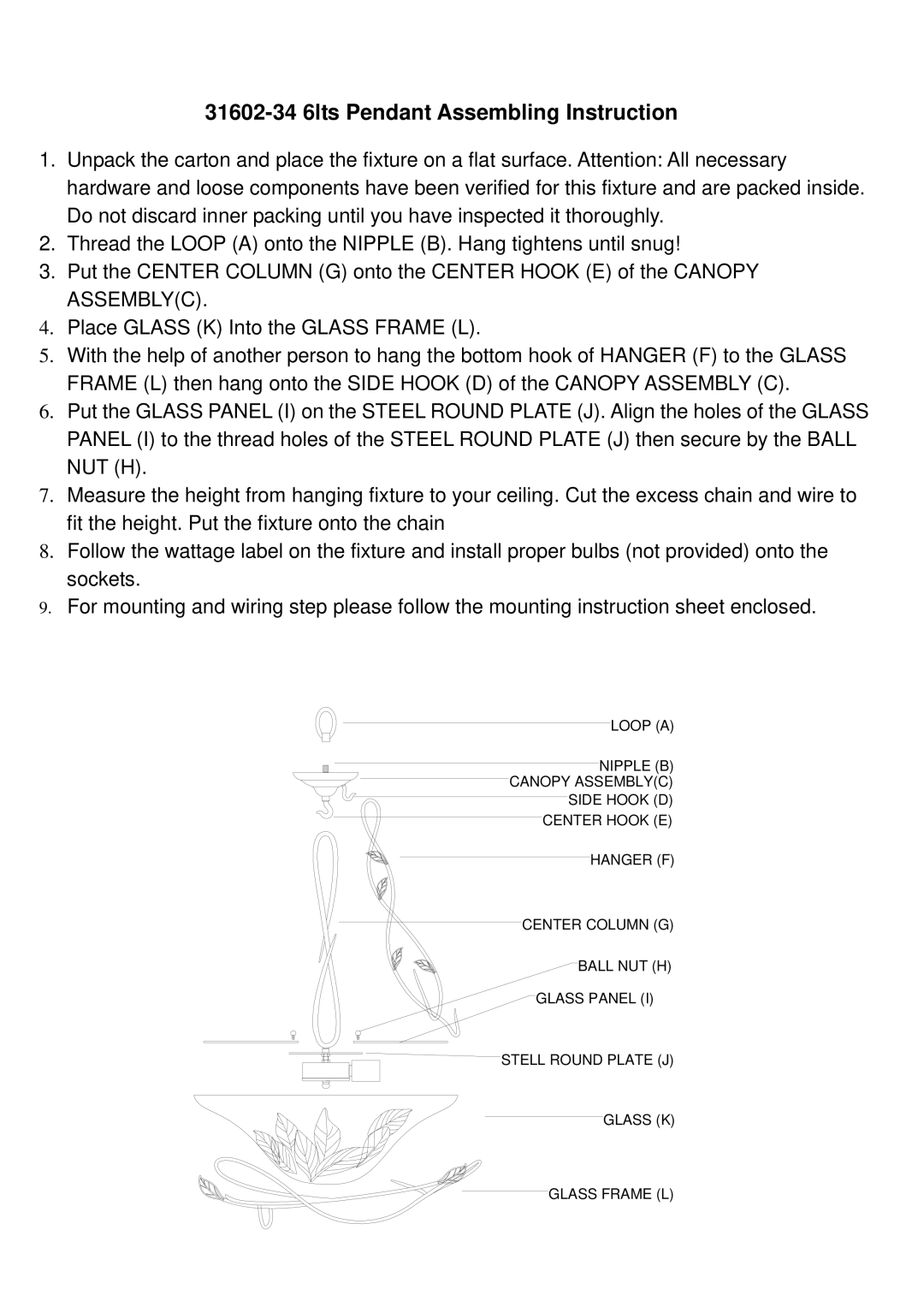 Triarch instruction sheet 31602-34 6lts Pendant Assembling Instruction 