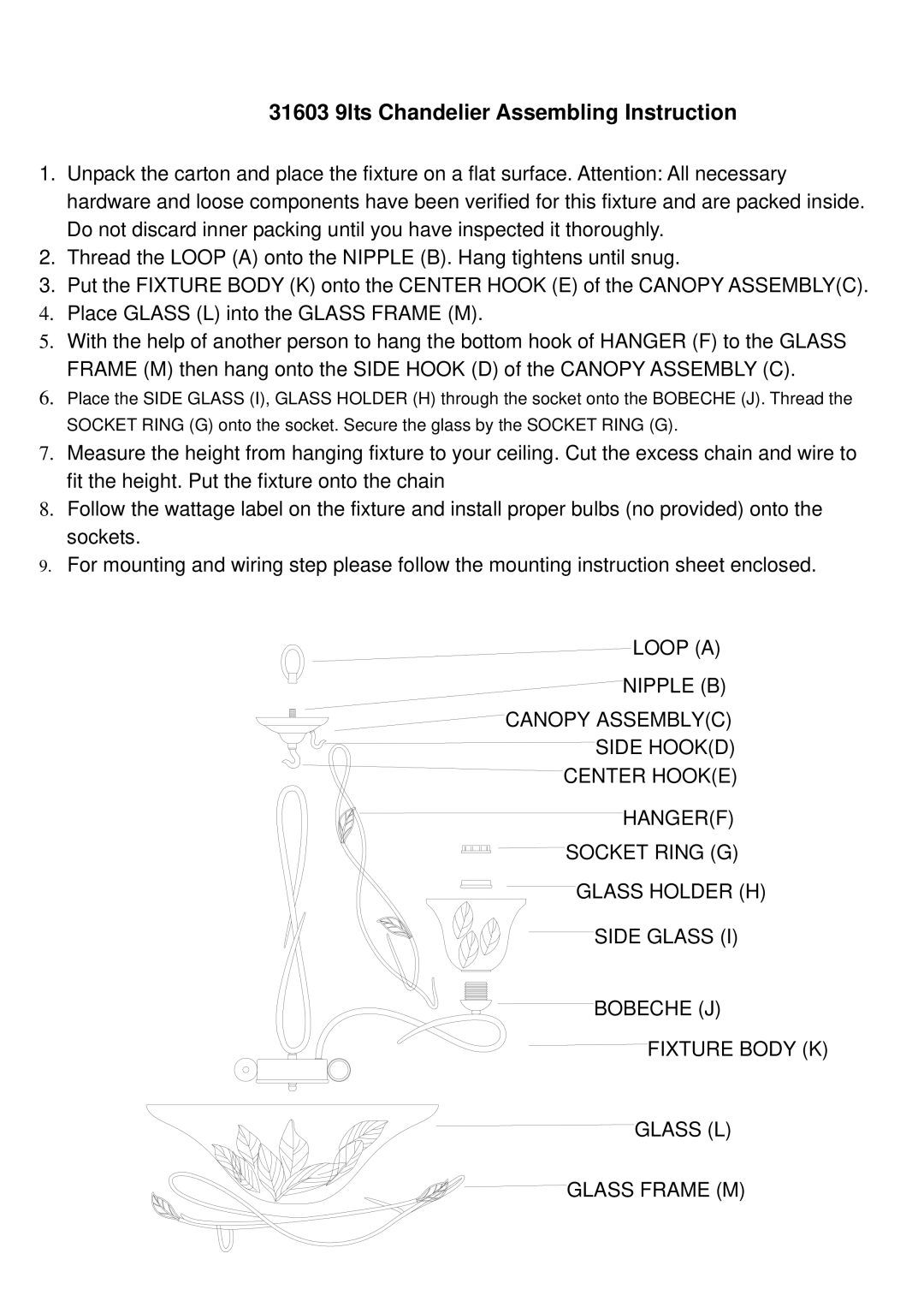 Triarch instruction sheet 31603 9lts Chandelier Assembling Instruction 