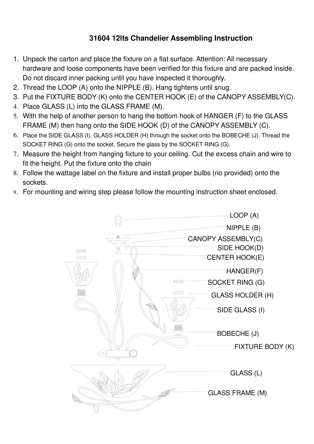 Triarch instruction sheet 31604 12lts Chandelier Assembling Instruction 