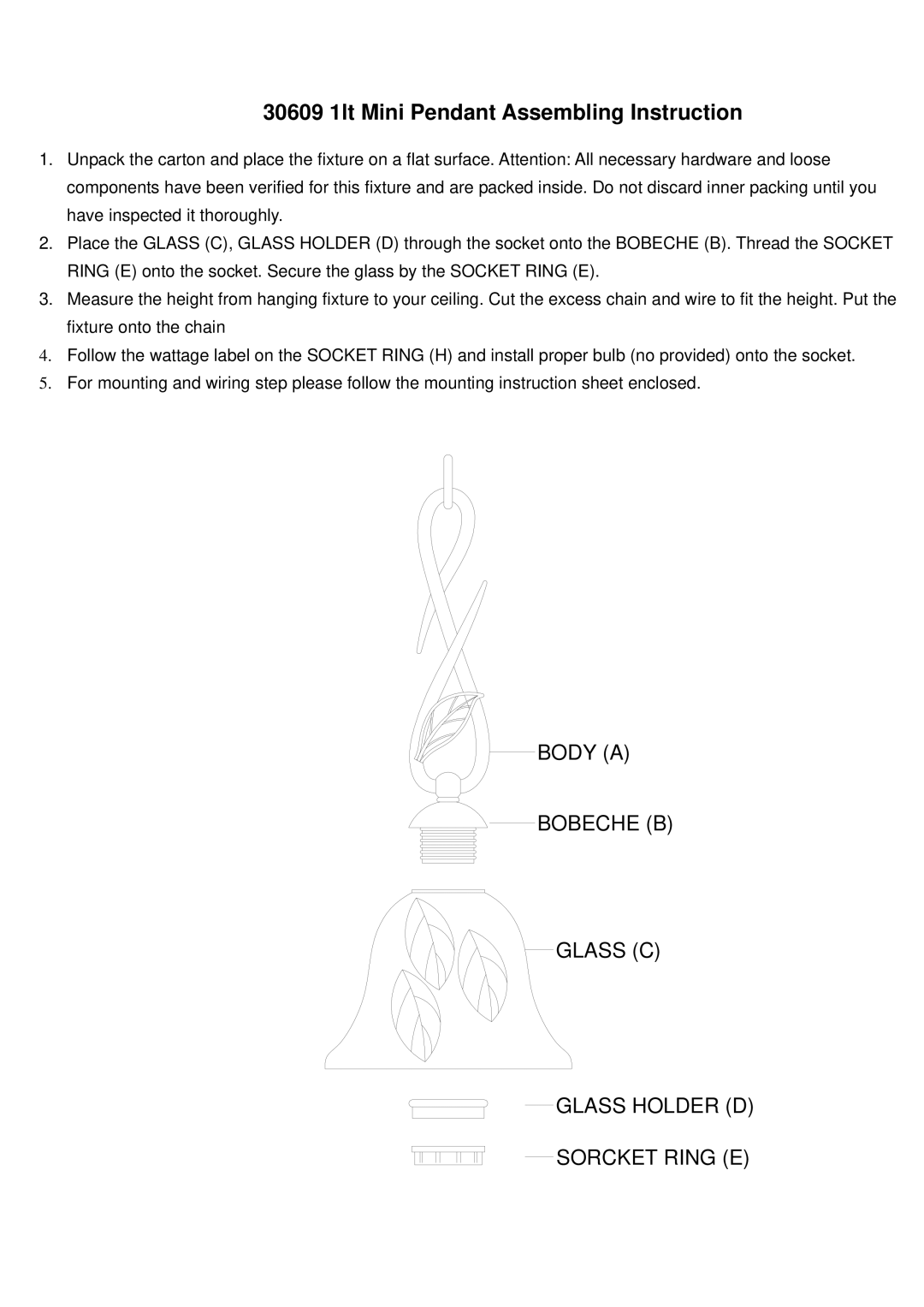 Triarch 31609 1lt instruction sheet 30609 1lt Mini Pendant Assembling Instruction 