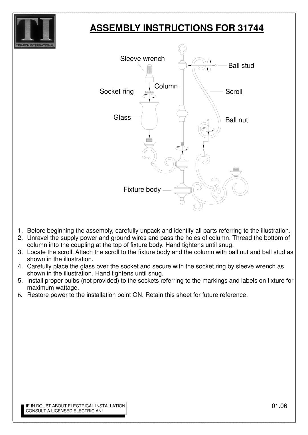 Triarch 31744 manual Assembly Instructions for, Sleeve wrench, Socket ring Column Scroll Glass Ball nut Fixture body 