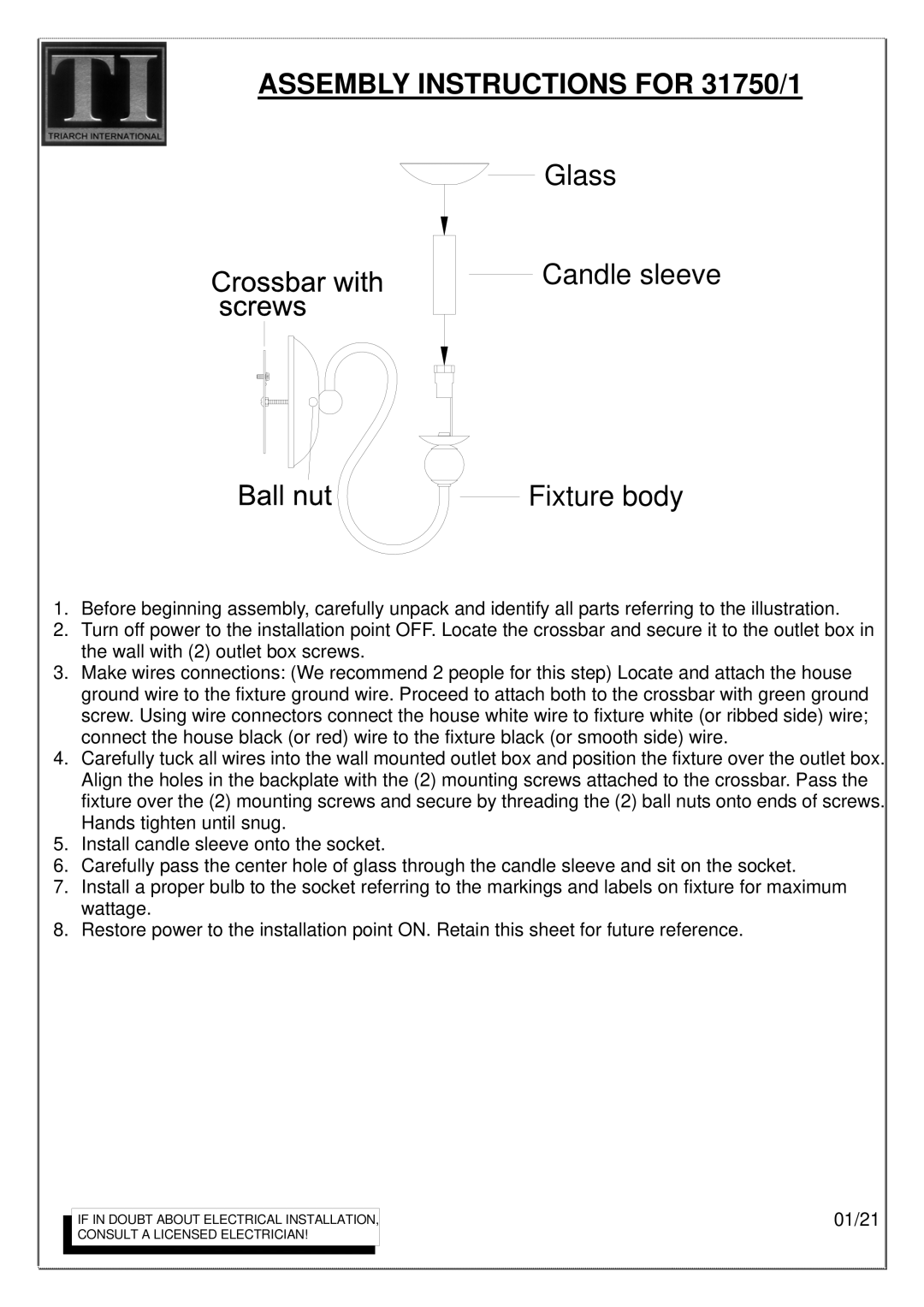 Triarch manual Assembly Instructions for 31750/1, Glass Candle sleeve Fixture body 