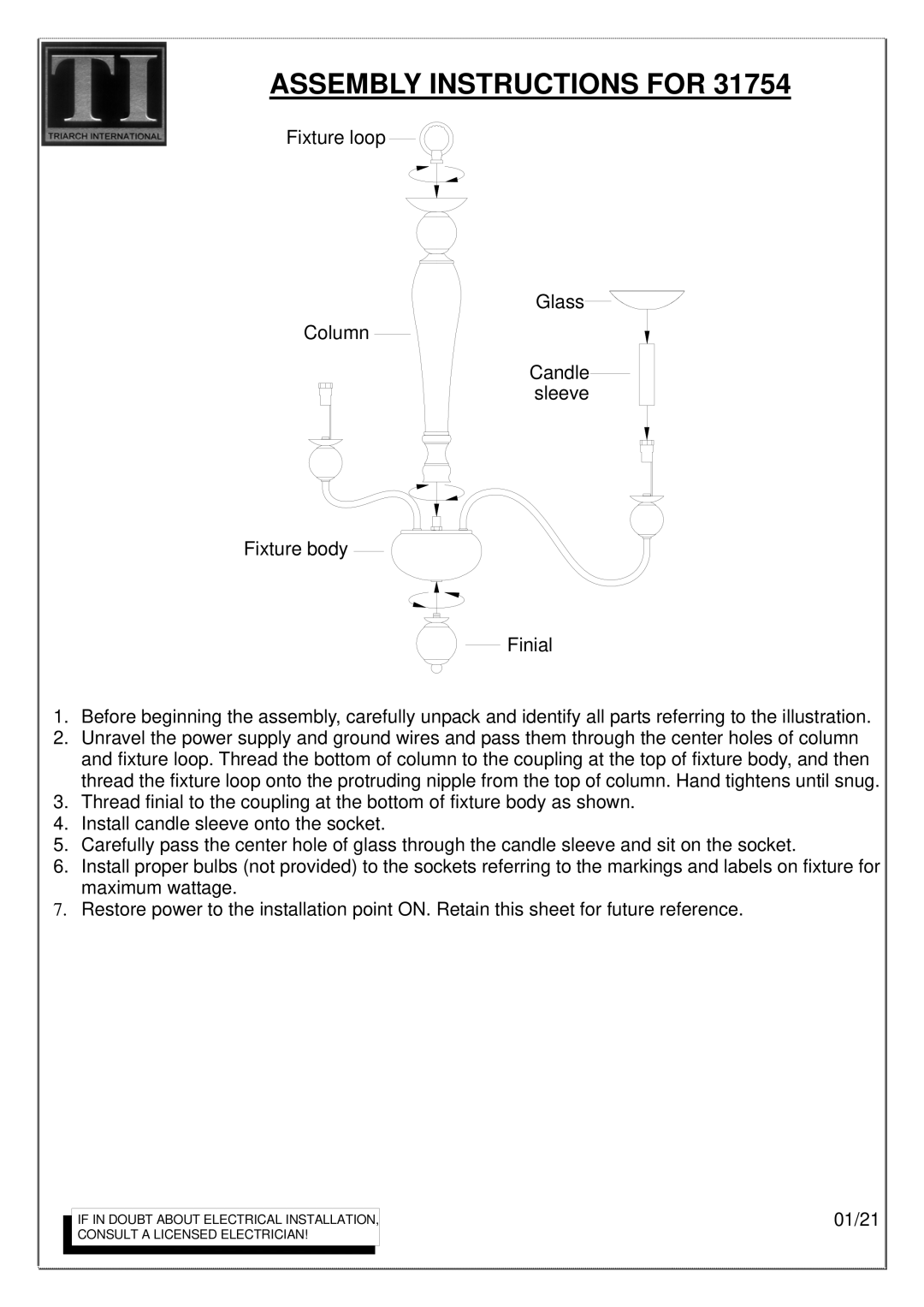 Triarch 31754 manual Assembly Instructions for 