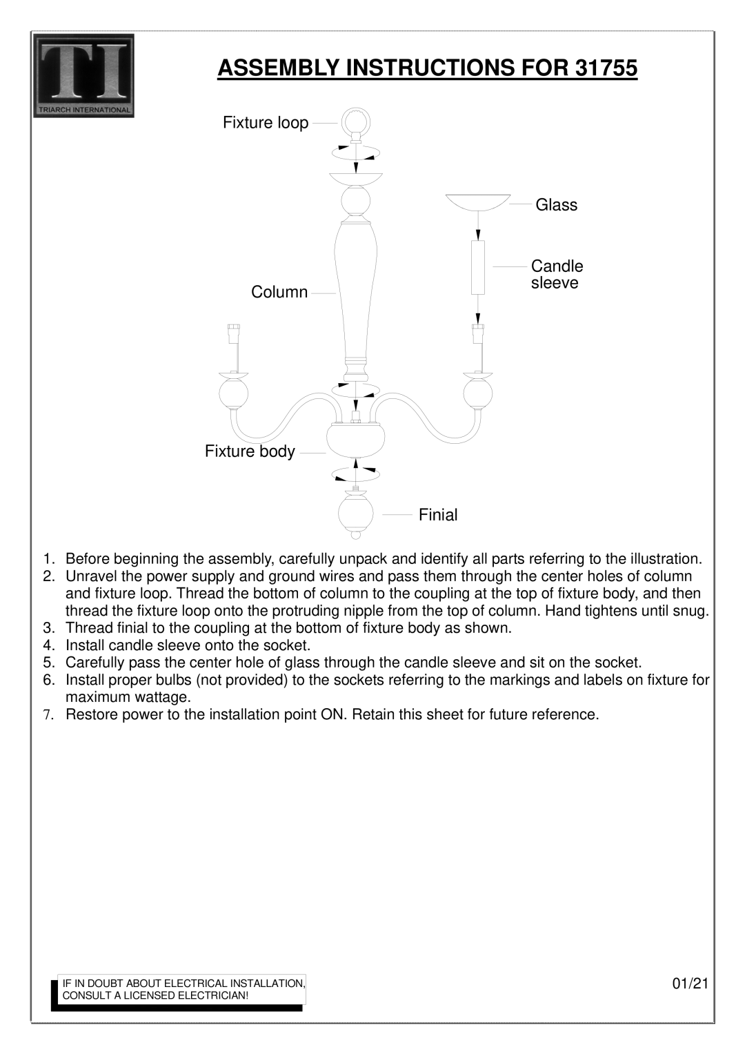 Triarch 31755 manual Assembly Instructions for, Fixture loop, Column, Fixture body Finial 