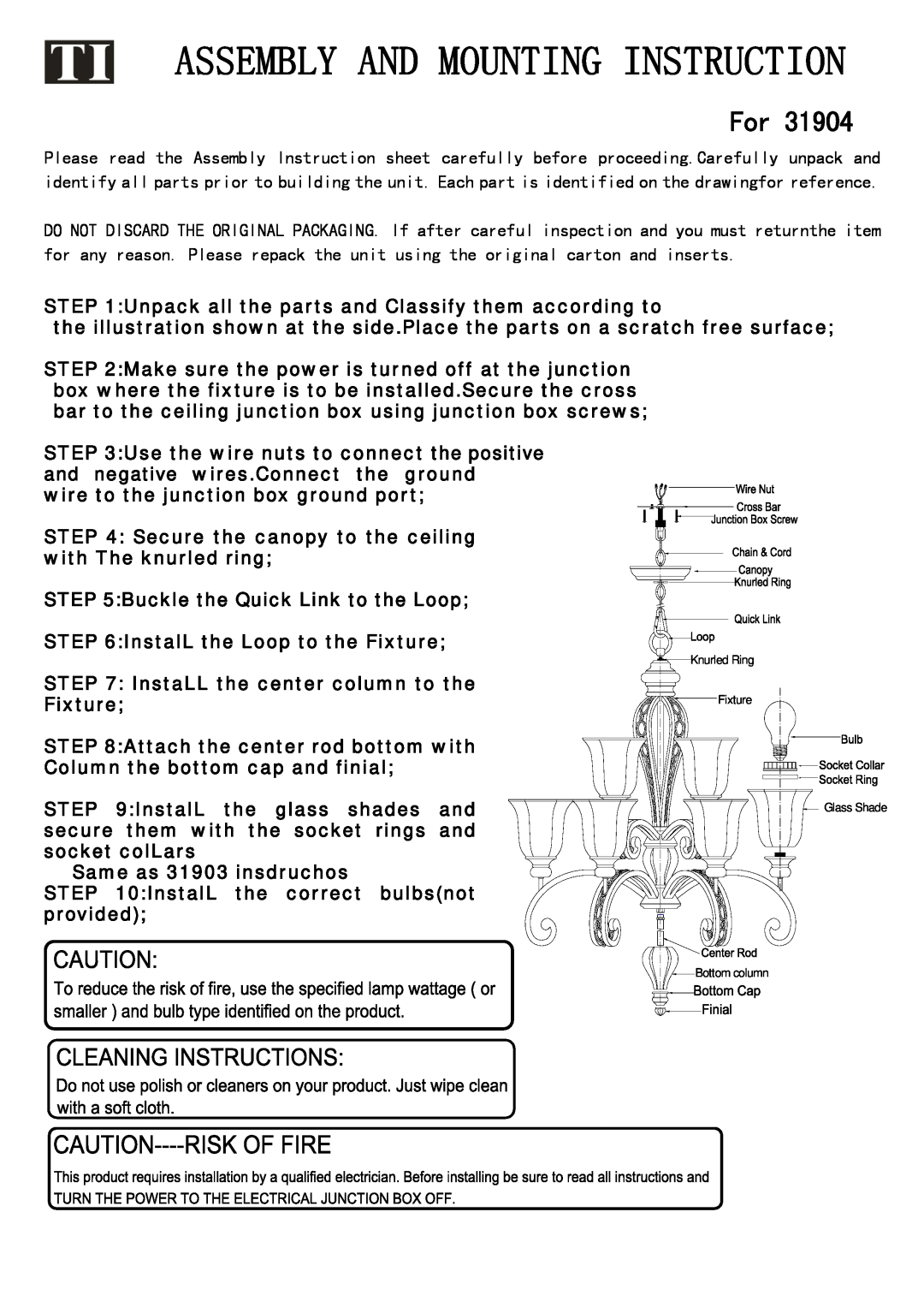 Triarch 31904 manual Assembly And Mounting Instruction 