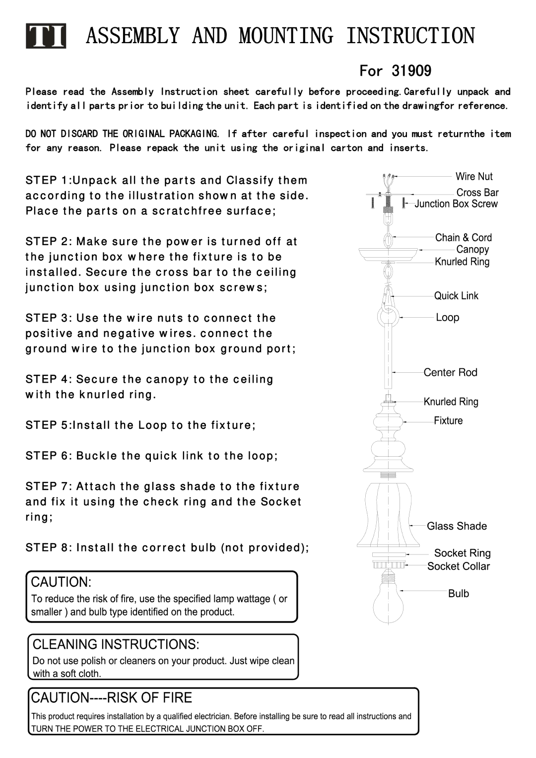 Triarch 31909 manual Assembly and Mounting Instruction, For 