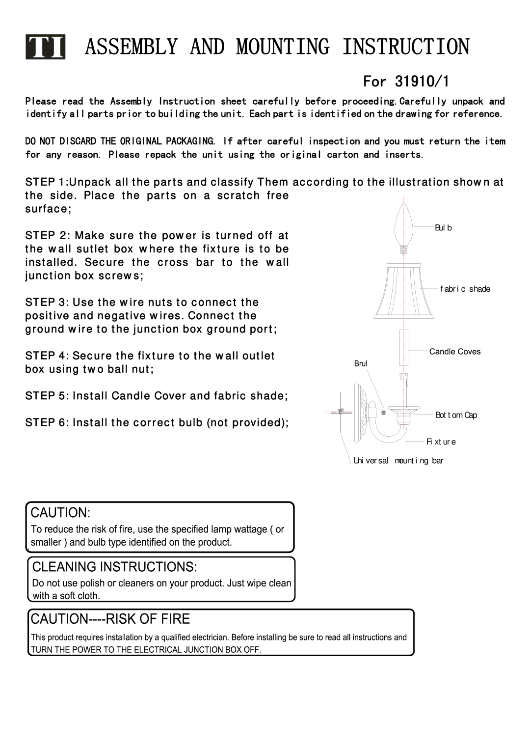 Triarch manual Assembly and Mounting Instruction, For 31910/1 