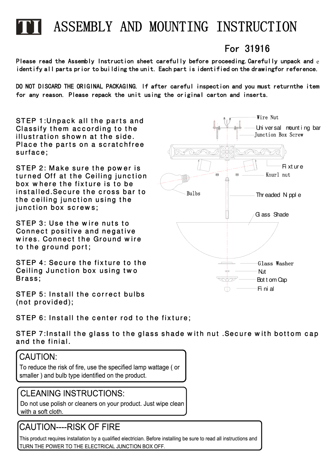 Triarch 31916 manual Assembly and Mounting Instruction, For 