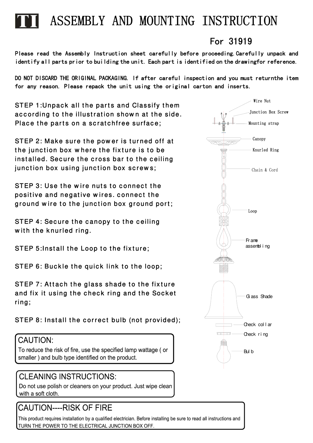 Triarch 31919 manual Assembly and Mounting Instruction, For 