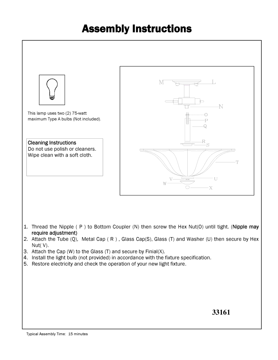 Triarch 33161 installation instructions Assembly Instructions, Cleaning Instructions 