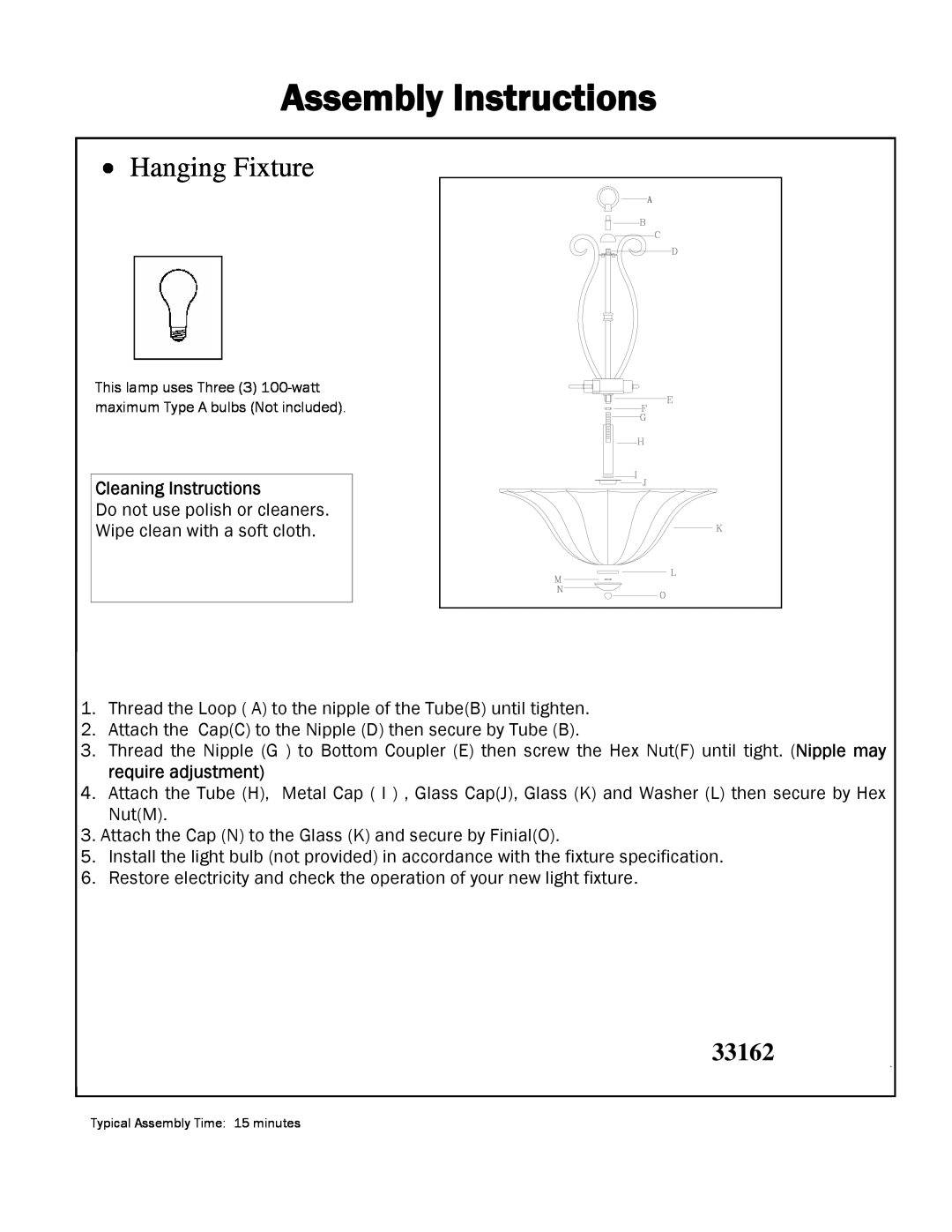 Triarch 33162 manual Assembly Instructions, Hanging Fixture, Cleaning Instructions 
