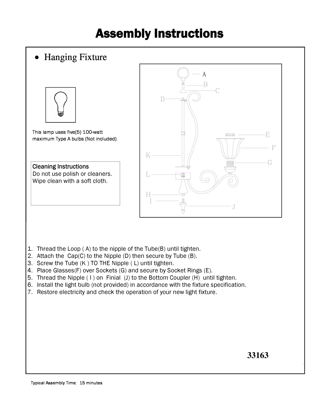 Triarch 33163 manual Assembly Instructions, Hanging Fixture, Cleaning Instructions 