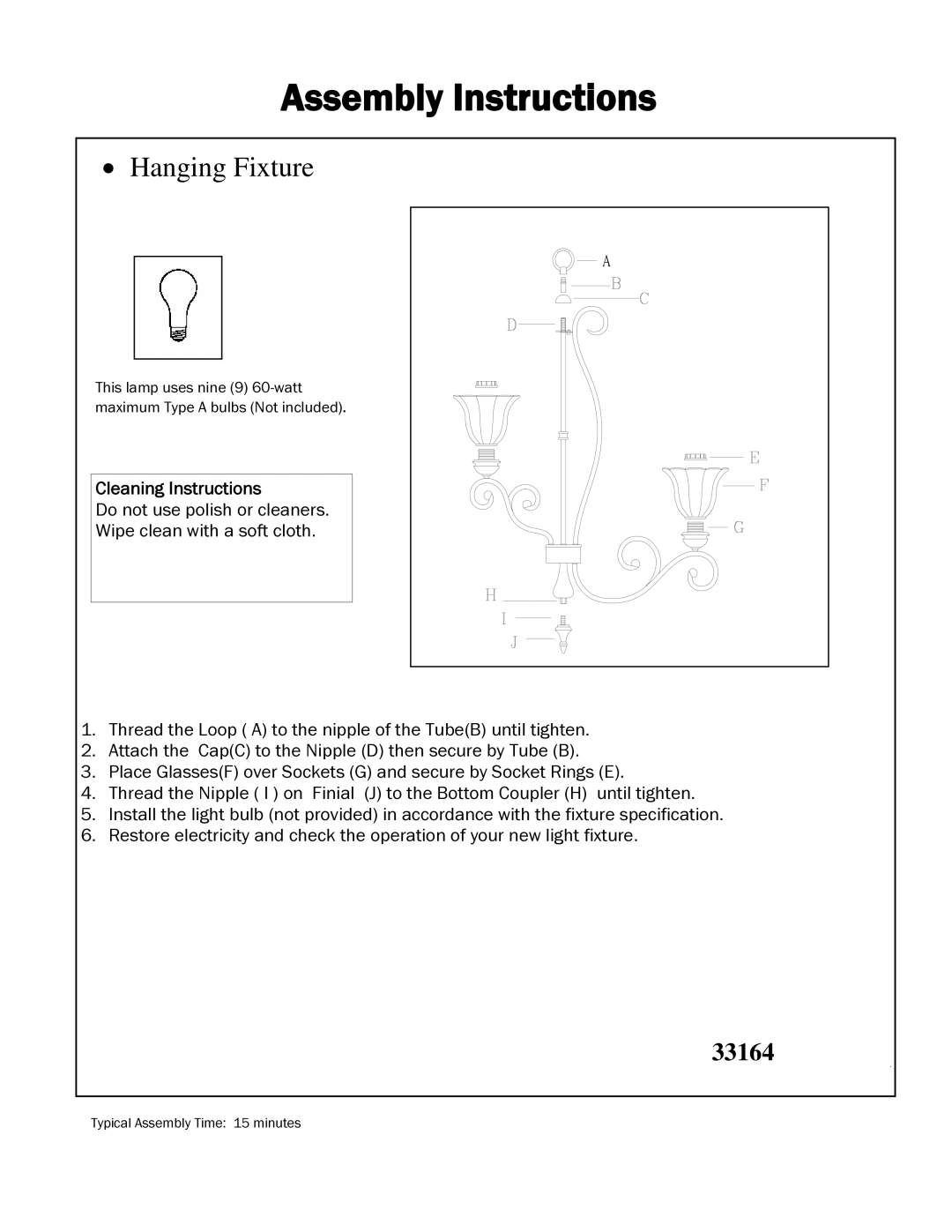 Triarch 33164 manual Assembly Instructions, Hanging Fixture, Cleaning Instructions 